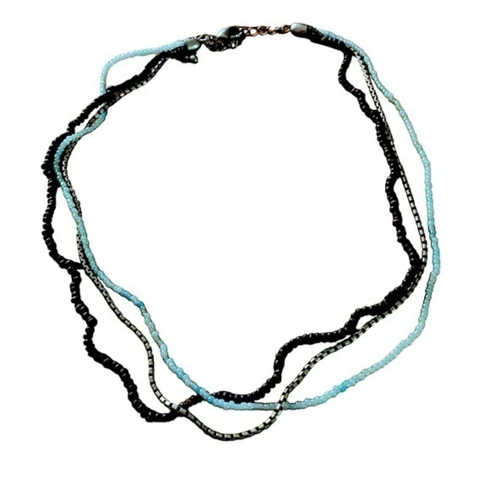 Triple Strand Beaded Necklace Silver Chain, Brown Beads, Opalescent White Beads